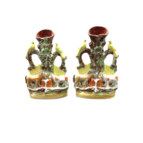 Pair ANTIQUE STAFFORDSHIRE GOOD COMPANIONS SPILL VASES c. 1860 EUC Made In Uk
